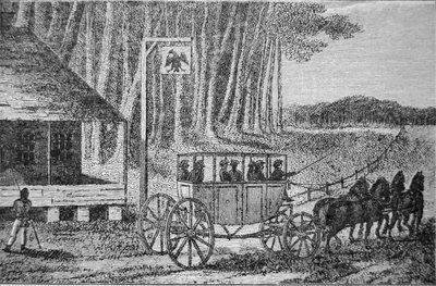 Mail Coach, kuvitus Isaac Weldin (1774-1856) julkaisusta "Travels in North America" 1795 (kaiverrus) tekijältä American School