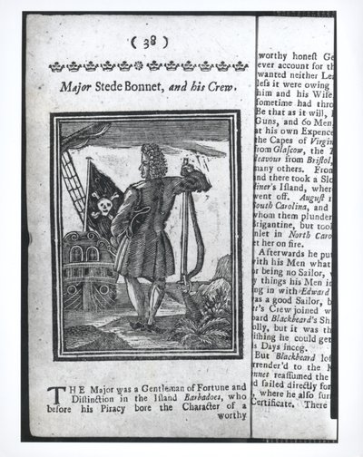 Majuri Stepe Bonnet, sivu 38 julkaisusta Histories and Lives of All the Notorious Pirates and their Crews, Lontoo, 1725 tekijältä American School