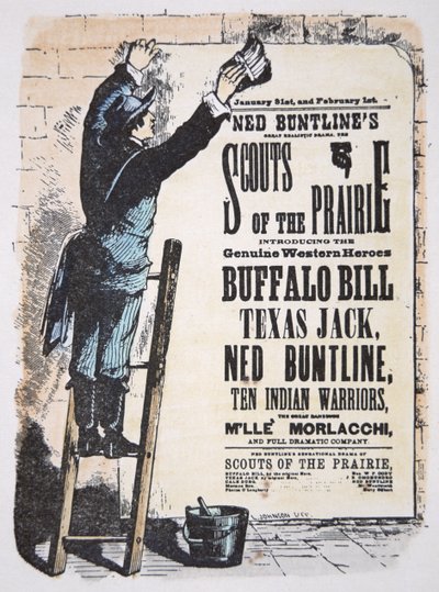 Mies lähettämässä teatterilaskua "Scouts of the Prairie" -näytelmästä, jonka pääosissa ovat Buffalo Bill Cody (1846-1917), Texas Jack (1846-79) ja Ned Buntline (1823-86) n. 1874 (värinen kaiverrus) tekijältä American School