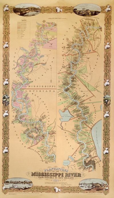Kartta, joka kuvaa Mississippi-joen istutuksia Natchezista New Orleansiin, 1858 tekijältä American School