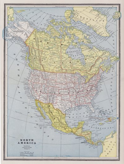 Pohjois-Amerikan kartta (värillinen kaiverrus) tekijältä American School
