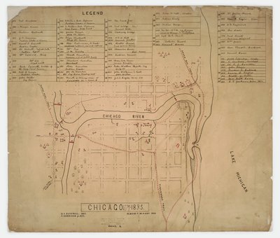 Kartta historiallisista taloista ja kohteista Chicagossa, Illinoisissa, n. 1835 tekijältä American School
