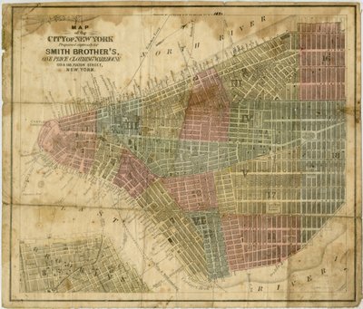 New Yorkin kaupungin kartta: valmistettu nimenomaan Smith Brotherille, yksihintainen vaatevarasto... laatinut J.H. Colton & Co., 1854-1869 (musta ja värillinen muste paperille) tekijältä American School