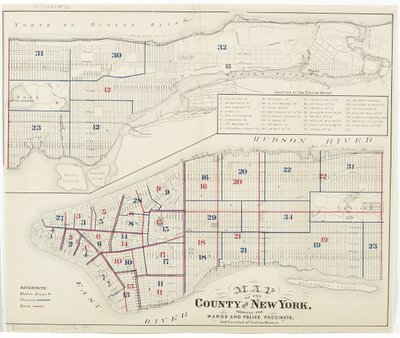 New Yorkin piirikunnan kartta, jossa näkyvät osastot ja poliisiasemat sekä asematalojen sijainti, 1870 (muste paperille) tekijältä American School