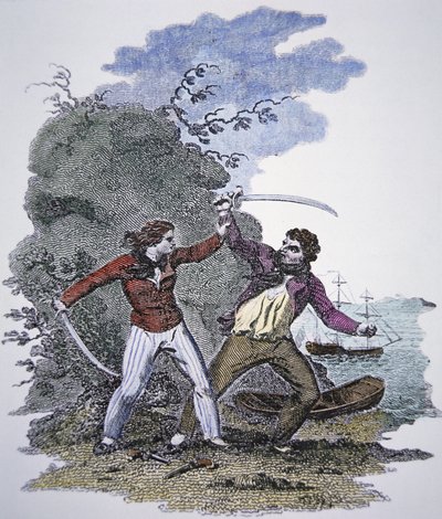 Mary Read taistelee toista merirosvoa vastaan pelastaakseen miespuolisen rakastajansa hengen (värillinen kaiverrus) tekijältä American School