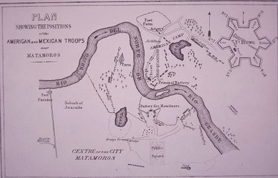 Meksikon ja Amerikan sota (1846-48), kartta Yhdysvaltain joukkoista Rio Granden ja Matamorosin lähellä tekijältä American School