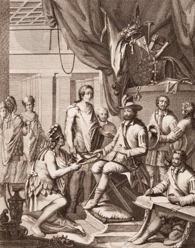 Montezuma luovuttaa valtakuntansa Espanjan kuninkaalle, antaa hänelle kunnianosoituksen ja vannoi tottelevaisuuttaan, Antonio de Solis y Rivadeneira Solis: Meksikon valloituksen historia, Ximenon kaivertama tekijältä American School