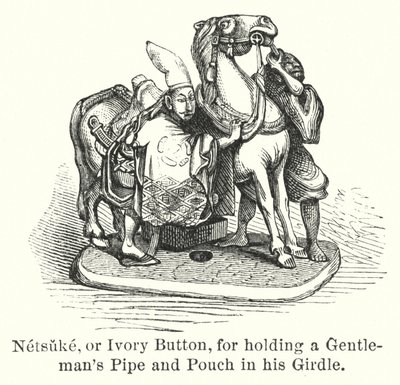Netsuke tai Ivory Button, joka piti herrasmiehen piipua ja pussia vyöllään (kaiverrus) tekijältä American School