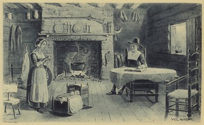 Uuden Englannin pioneerikoti (litografia) tekijältä American School