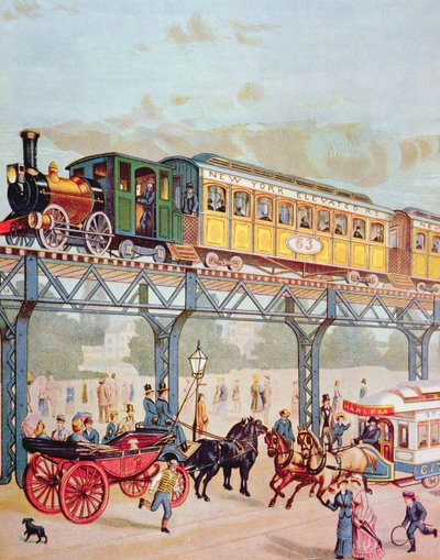 New York Elevated Railway, n. 1880 (väri litho) tekijältä American School