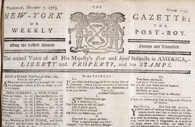 New York Gazetten masthead ilmoittaa vastustavansa postimerkkejä, painettu 7. marraskuuta 1765 (painettu) tekijältä American School