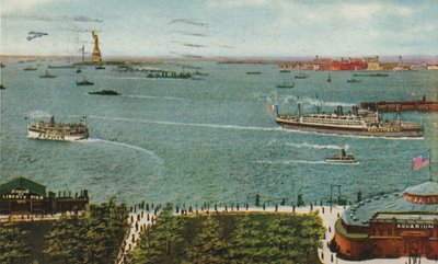 New Yorkin satama Batterysta, jossa Vapaudenpatsas ja Ellis Island, n. 1910 tekijältä American School