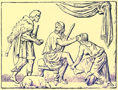 Sairaanhoitajansa tunnistama Odysseus, Victor Duruyn kuvitus Kreikan historiasta, julkaistu 1890 (digitaalisesti paranneltu kuva) tekijältä American School