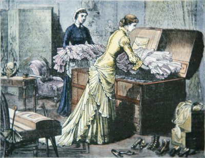 Saratoga-rungon pakkaaminen junamatkaa varten Saratoga Springsiin, New Yorkiin, n. 1880 (värinen kaiverrus) tekijältä American School