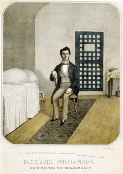 Passmore Williamson Moyamensingin vankilassa väitetyn oikeuden halventamisen vuoksi, pub. 1855 (värilitro) tekijältä American School