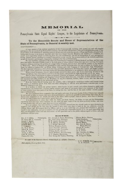Pennsylvania State Equal Rights League, Pennsylvania State Equal Rights Leaguen muistomerkki, Pennsylvanian lainsäätäjälle, 20. tammikuuta 1865 tekijältä American School