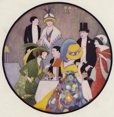 Ihmiset seurustelevat näytelmän jälkeen, kohtaus J. A. Waldronin novellista After The Play (värilitografia). tekijältä American School