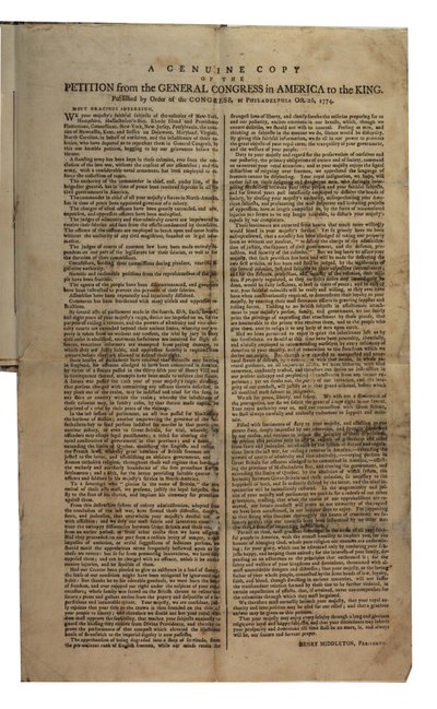 Vetoomus Amerikan yleiskongressista kuninkaalle, mannerkongressi, 26. lokakuuta 1774 tekijältä American School
