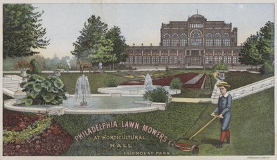 Philadelphian ruohonleikkurit puutarhataloushallissa (chromolitho) tekijältä American School