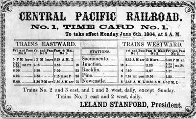 Valokuvatuloste Central Pacific Railroad Companyn alkuperäisestä aikataulusta 6. kesäkuuta 1864 1864 tekijältä American School