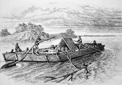 Pioneer flatboat Mississippi-joella, n. 1840 (kaiverrus) tekijältä American School