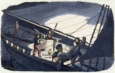 Merirosvo Charles Gibbs (1800-luvun alussa) tappaa kapteeni Thornbyn ja heittää hänet mereen. Kaiverrus kirjasta "Merirosvon oma kirja" 1837. tekijältä American School