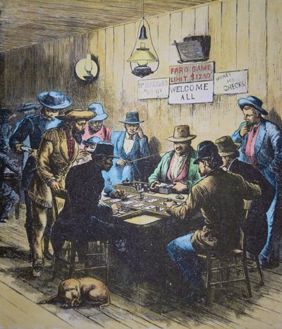 Faron soittaminen salongissa Cheyennessa, Wyomingissa, n. 1870 (värillinen kaiverrus) tekijältä American School