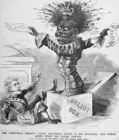 Poliittinen sarjakuva presidentti Andrew Jacksonin (1767-1845) peloissaan mahdollisesta mustien äänestämisestä Amerikassa tekijältä American School