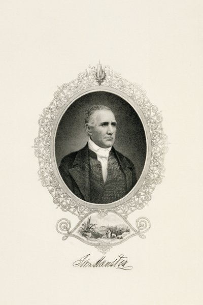 Muotokuva Sam Houstonista kaupunkinäkymällä, c. 1855-c. 1860 (teräspintainen kaiverrus kudospaperille) tekijältä American School