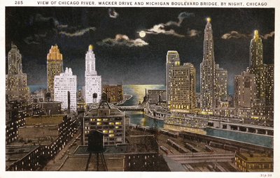 Postikortti Chicagosta yöllä, noin 1930 tekijältä American School