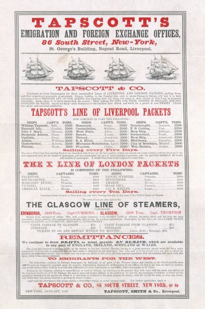 Mainosjuliste Tapscotts Emigration and Foreign Exchange Offices, New York, tammikuu 1859 tekijältä American School