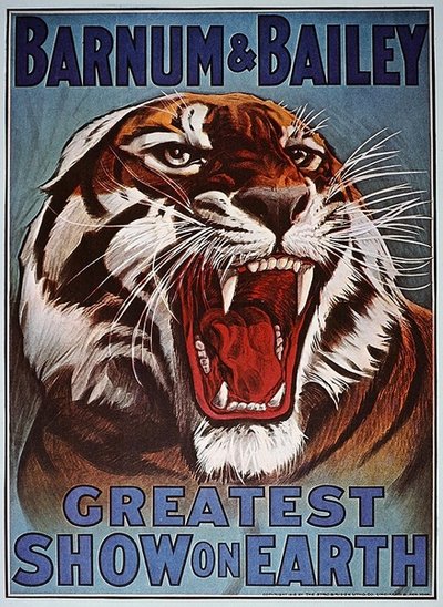 Barnum & Bailey Greatest Show on Earth -tapahtumaa mainostava juliste, n. 1910 (värilitho) tekijältä American School