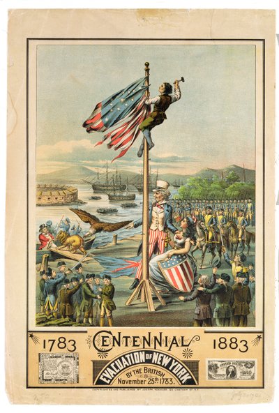 Juliste, joka mainostaa brittien New Yorkin evakuoinnin satavuotisjuhlaa 25. marraskuuta 1783 1883 tekijältä American School
