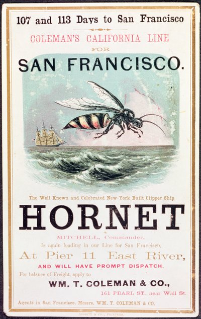 Juliste, joka mainostaa "Hornet"-leikkurilaivaa New Yorkista San Franciscoon tekijältä American School