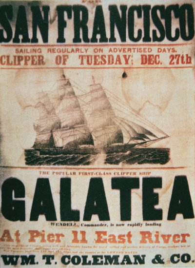 Juliste, joka mainostaa Galatea-leikkurilaivan New Yorkin ja San Franciscon välistä reittiä, n. 1855 (värilitho) tekijältä American School