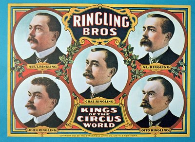 Juliste, joka mainostaa "Ringling Bros. Kings of the Circus World" -järjestöä tekijältä American School
