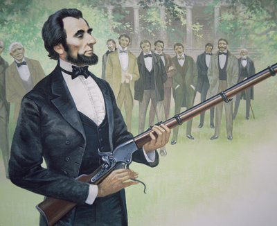 Presidentti Abraham Lincoln koelaukaisi Spencerin seitsemänlaukaisen toistinkiväärin elokuussa 1863 (värinen lito) tekijältä American School