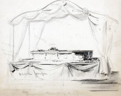 Presidentti Abraham Lincolnin arkku makaa valtiossa Valkoisessa talossa Washington D.C.:ssä huhtikuussa 1865 (lyijykynä, muste ja pesu paperille) tekijältä American School