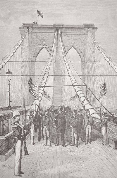 Presidentti Chester A. Arthur uuden Brooklyn Bridgen avajaisseremoniassa 24. toukokuuta 1883 (litho) tekijältä American School