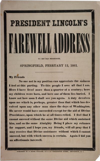 Presidentti Lincolnin jäähyväispuhe vanhoille naapureilleen, Springfield, 12. helmikuuta 1861 tekijältä American School