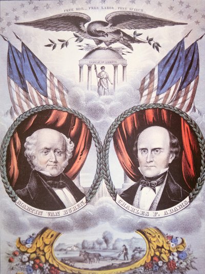 Presidentinvaalijuliste, joka kuvaa Martin van Burenia (1782-1862) ja Charles F. Adamsia (1807-86) "Free Soil Party" -tapahtumassa tekijältä American School