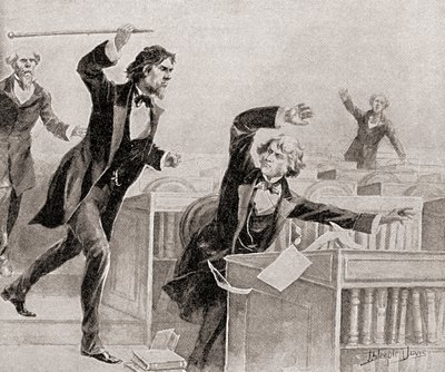 Preston Smith Brooks, kiihkeä orjuuden puolestapuhuja, hyökkäsi kepillä Yhdysvaltain senaatin lattialla senaattori Charles Sumneria, abolitionistia vastaan, 22. toukokuuta. tekijältä American School