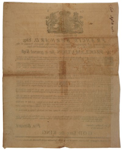 Julistus Francis Bernardin, Massachusetts Bayn kuvernöörin nimissä: paastopäivän ilmoittaminen Ranskan ja Intian sodan aikana, 8. huhtikuuta 1761 tekijältä American School