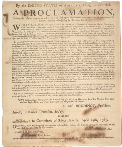 Kongressin julistus aseiden lopettamisesta ja sodan päättymisestä, 24. huhtikuuta 1783 tekijältä American School