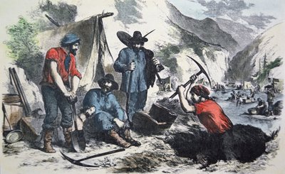 Kalifornian kultaryntäyksen aikana vuonna 1849 (värilitografia). tekijältä American School