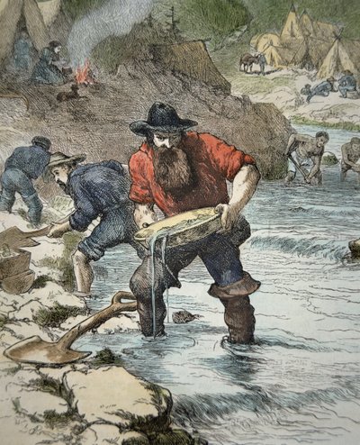 Kaivosmiehet etsivät kultaa Kalifornian kultakuumeen aikana 1849 (värillinen kaiverrus) tekijältä American School