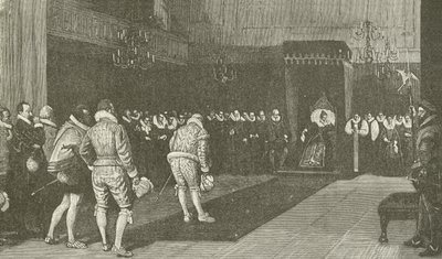 Kuningatar Elisabet vastaanottaa Ranskan suurlähettiläät Pyhän Bartolomeuksen verilöylyn jälkeen, Wm F Yeamesin maalauksesta tekijältä American School
