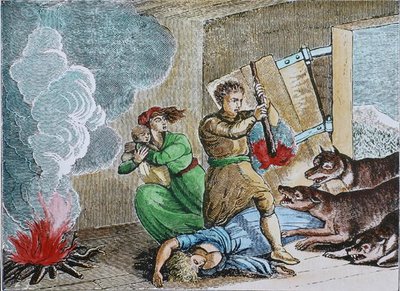 Rahvaiset sudet tunkeutuvat pioneerin mökkiin (värillinen kaiverrus) tekijältä American School