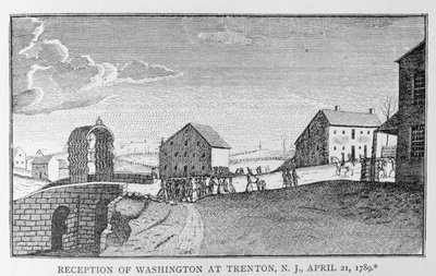 Washingtonin vastaanotto Trentonissa, New Jerseyssä, 21. huhtikuuta 1789, teoksesta The History of Political Parties tekijältä American School
