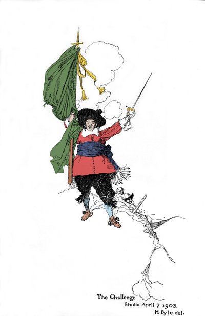 Esitys merirosvosta, joka heittää haasteen - yhdysvaltalaisen kuvittajan Howard Pylen (1853 - 1911) teoksessa "" Book of Pirates Buccaneers and Marooners of the Spanish Main" tekijältä American School